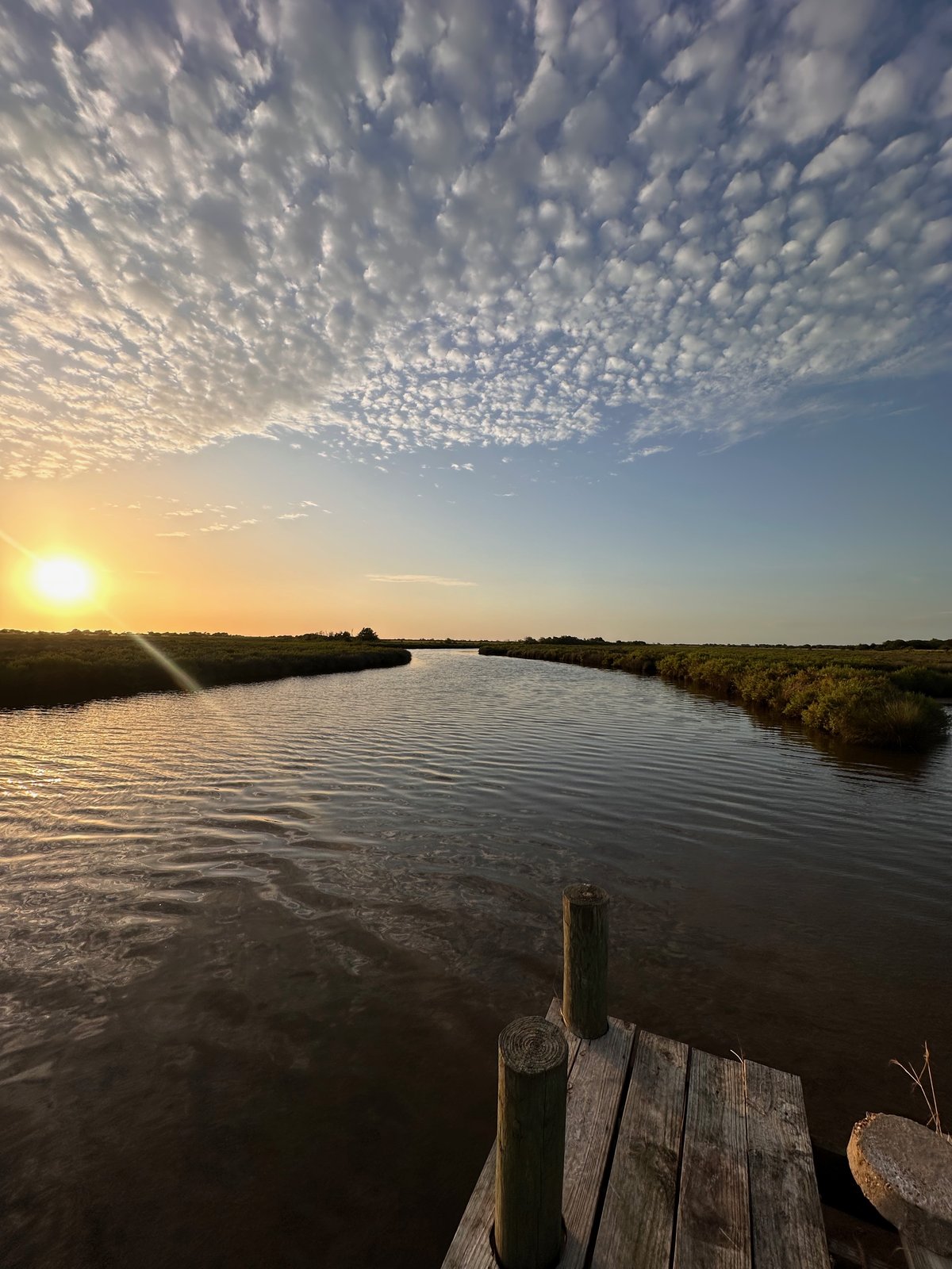 Two dock pylons under a dramatic sky over the constructed wetland, June 2025.