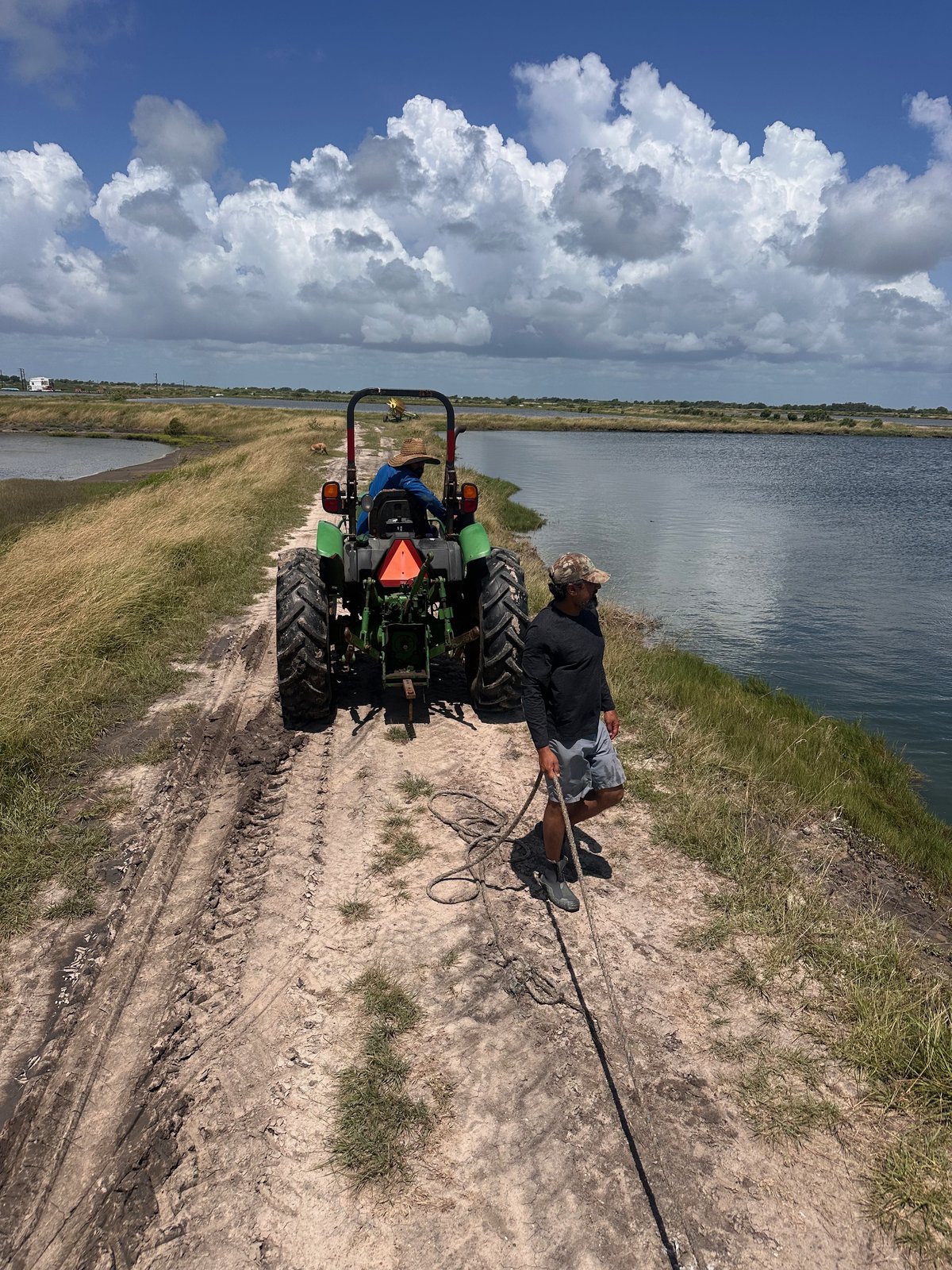 Tractor at the edge of the harvest pond, crew working behind, June 2025.